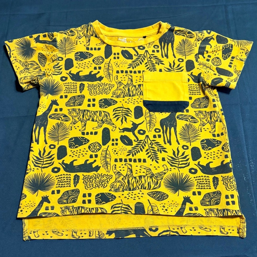 Deux par Deux Boys Size 3 Yellow Jungle Tiger Animal Print Pocket T Shirt